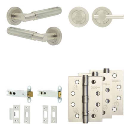 Complete Bloom Door Handle Pack - Heavy Duty Tubular Bathroom (Plain Thumb Turn) - Satin Nickel - 102mm / 4-inch Hinges - JE-B32A2-SN
