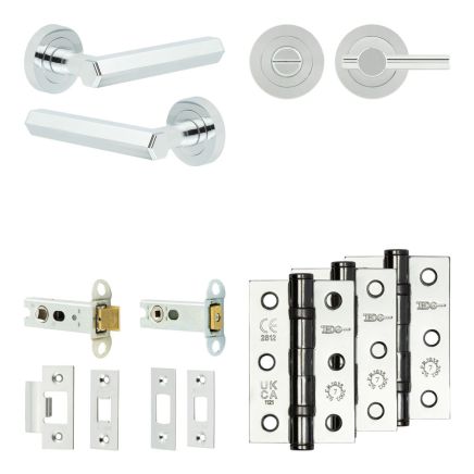 Complete Hex Door Handle Pack - Heavy Duty Tubular Bathroom (Plain Thumb Turn) - Polished Chrome - 76mm / 3-inch Hinges - JE-C31B2-PC