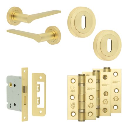 Complete Gio Door Handle Pack - Sashlock - Satin Brass - 76mm / 3-inch Hinges - JE-E8B8-SB