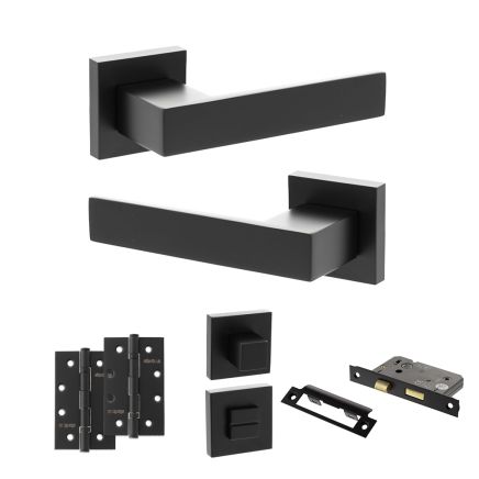 Senza Pari Panetti Door Handle Pack (Bathroom Set - 2.5" CE Bathroom Lock, 4" Slim Knuckle Hinges x2) - Matt Black