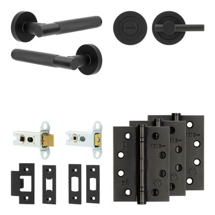 Complete Bari Door Handle Pack - Heavy Duty Tubular Bathroom (Plain Thumb Turn) - Matt Black - 64mm / 4-inch Hinges - JE-D30A2-MB