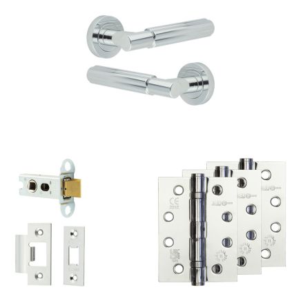 Complete Bloom Door Handle Pack - Heavy Duty Latch - Polished Chrome - 64mm / 4-inch Hinges - JE-B20A-PC