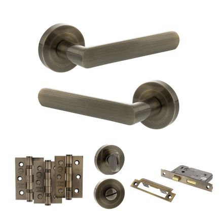 STATUS Carolina Door Handle Pack (Bathroom Set - 2.5" CE Bathroom Lock, 3" Fire Rated Hinges x3) - Antique Brass