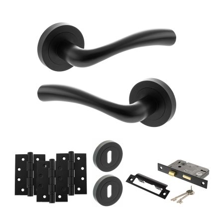 STATUS Texas Door Handle Pack (3 Lever Lock Set - 3" CE Sashlock, 4" Fire Rated Hinges x3) - Matt Black