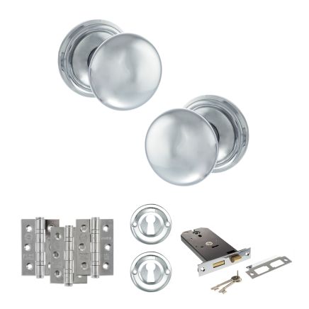 Old English Harrogate Door Knob Pack (Lock Set - Horizontal Sashlock, 3" Fire Rated Hinges x3) - Polished Chrome