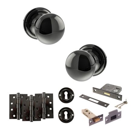 Old English Harrogate Door Knob Pack (Lock Set - 3" Latch & Deadlock, 4" Fire Rated Hinges x3) - Black Nickel