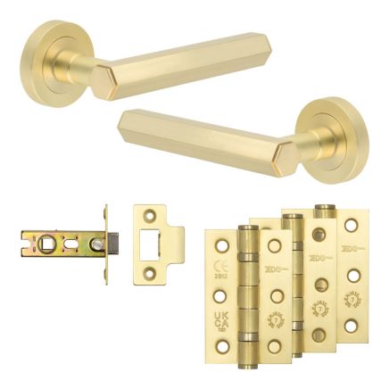Complete Hex Door Handle Pack - Internal Doors - Satin Brass - 64mm / 3-inch Hinges - JE-C1B-SB