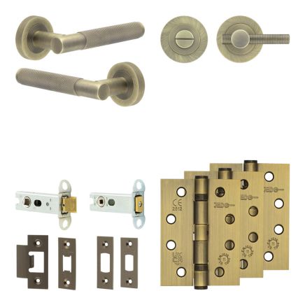 Complete Bari Door Handle Pack - Heavy Duty Tubular Bathroom (Knurled Thumb Turn) - Antique Brass - 76mm / 4-inch Hinges - JE-D31A1-AB