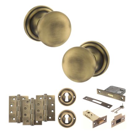 Old English Harrogate Door Knob Pack (Lock Set - 3" Latch & Deadlock, 4" Fire Rated Hinges x3) - Matt Antique Brass