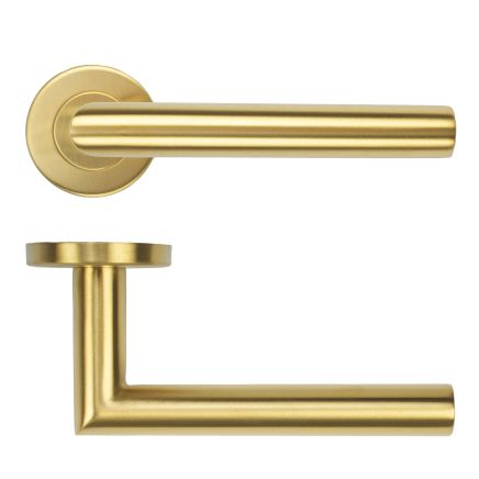 Zoo Hardware 19mm Mitred Lever on Round Rose 52mm x 8mm Push-on Rose - BS EN 1906 Grade 3 - Grade 201 - PVD Satin Brass