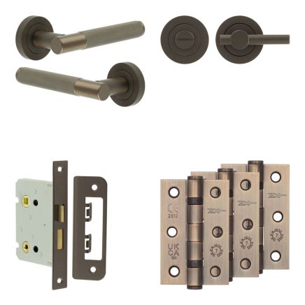 Complete Bari Door Handle Pack - Bathroom Lock (Plain Thumb Turn) - Dark Bronze - 76mm / 3-inch Hinges - JE-D6B2-DB