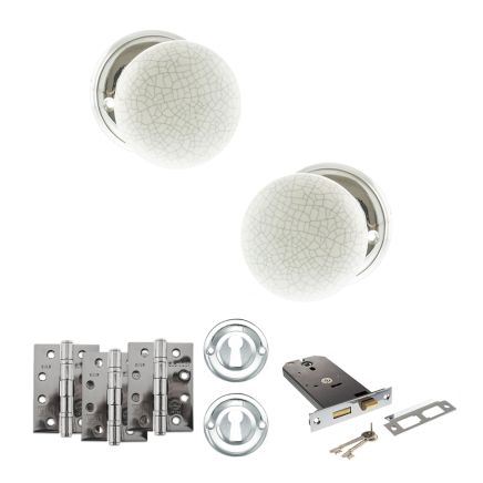 Old English Skipton Door Knob Pack (Lock Set - Horizontal Sashlock, 4" Fire Rated Hinges x3) - Polished Chrome