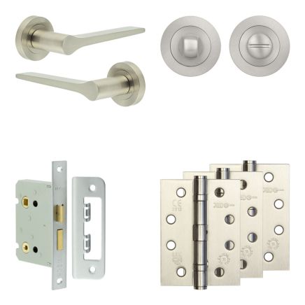 Complete Gio Door Handle Pack - Bathroom Lock (Standard Thumb Turn) - Satin Nickel - 76mm / 4-inch Hinges - JE-E6A3-SN