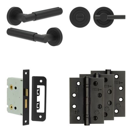 Complete Bloom Door Handle Pack - Bathroom Lock (Plain Thumb Turn) - Matt Black - 76mm / 4-inch Hinges - JE-B6A2-MB