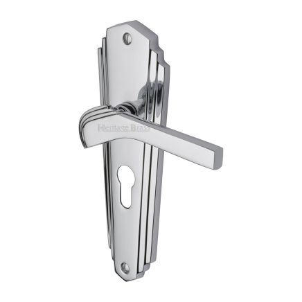 Heritage Brass Door Handle for Euro Profile Plate Waldorf Design Polished Chrome finish