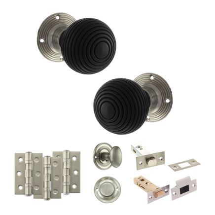 Old English Whitby Door Knob Pack (Bathroom Set - 3" Deadbolt, 3" Fire Rated Hinges x3) - Satin Nickel