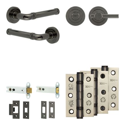 Complete Midtown Door Handle Pack - Heavy Duty Tubular Bathroom (Plain Thumb Turn) - Black Nickel - 102mm / 3-inch Hinges - JE-G32B2-BN