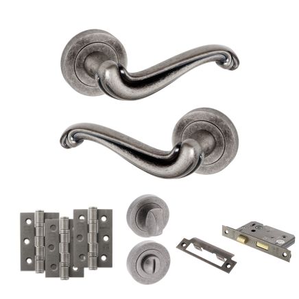 Old English Colchester Door Handle Pack (Bathroom Set - 2.5" CE Bathroom Lock, 3" Fire Rated Hinges x3) - Distressed Silver