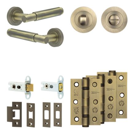 Complete Bloom Door Handle Pack - Heavy Duty Tubular Bathroom (Standard Thumb Turn) - Antique Brass - 64mm / 3-inch Hinges - JE-B30B3-AB