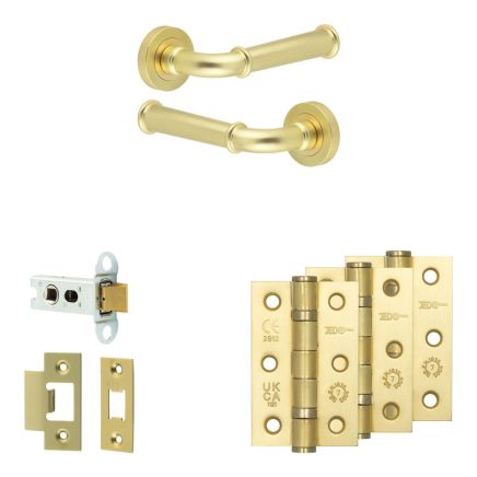 Complete Classic Door Handle Pack - Heavy Duty Latch - Satin Brass - 64mm / 3-inch Hinges - JE-A20B-SB