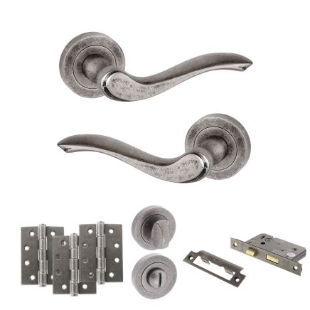 Old English Warwick Door Handle Pack (Bathroom Set - 3" CE Bathroom Lock, 4" Fire Rated Hinges x3) - Distressed Silver