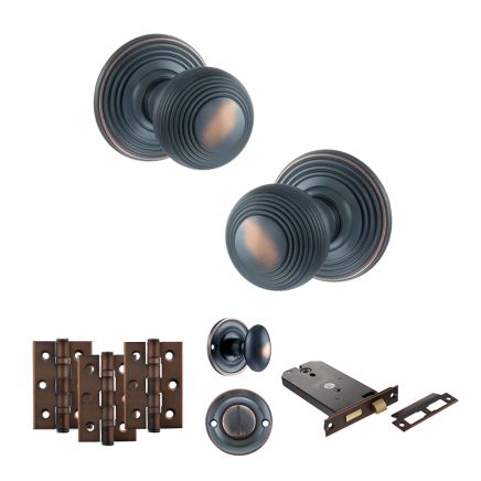 Old English Ripon Door Knob Pack (Lock Set - Horizontal Bathlock, 3" Fire Rated Hinges x3) - Antique Copper