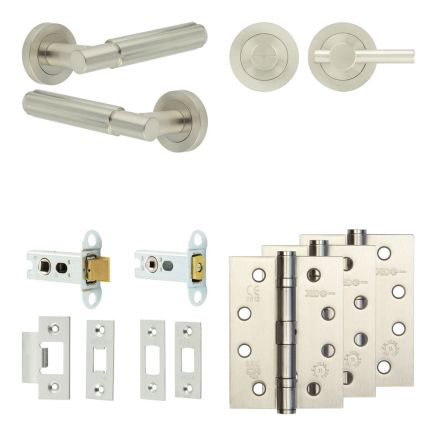 Complete Bloom Door Handle Pack - Heavy Duty Tubular Bathroom (Plain Thumb Turn) - Satin Nickel - 64mm / 4-inch Hinges - JE-B30A2-SN