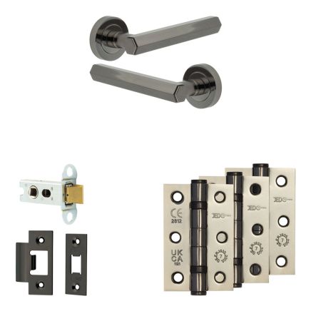 Complete Hex Door Handle Pack - Heavy Duty Latch - Black Nickel - 64mm / 3-inch Hinges - JE-C20B-BN