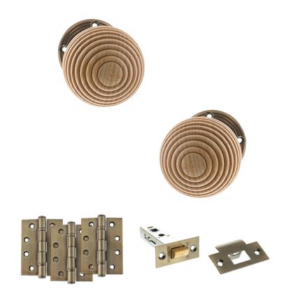 Old English Bridlington Door Knob Pack (Latch Set - 3" HD Latch, 4" Fire Rated Hinges x3) - Antique Brass
