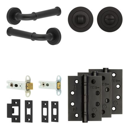 Complete Classic Door Handle Pack - Heavy Duty Tubular Bathroom (Standard Thumb Turn) - Matt Black - 76mm / 4-inch Hinges - JE-A31A3-MB