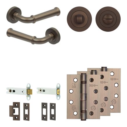 Complete Classic Door Handle Pack - Heavy Duty Tubular Bathroom (Standard Thumb Turn) - Dark Bronze - 102mm / 4-inch Hinges - JE-A32A3-DB