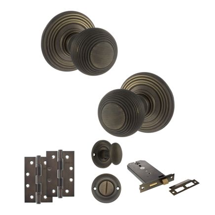 Old English Ripon Door Knob Pack (Lock Set - Horizontal Bathlock, 4" Slim Knuckle Hinges x2) - Urban Bronze