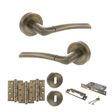 STATUS Indiana Door Handle Pack (3 Lever Lock Set - 3" CE Sashlock, 4" Fire Rated Hinges x3) - Antique Brass