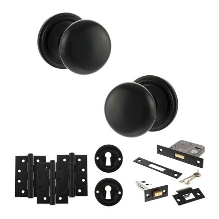 Old English Harrogate Door Knob Pack (Lock Set - 3" Latch & Deadlock, 4" Fire Rated Hinges x3) - Matt Black