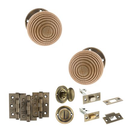 Old English Bridlington Door Knob Pack (Bathroom Set - 3" Deadbolt, 3" Fire Rated Hinges x3) - Antique Brass