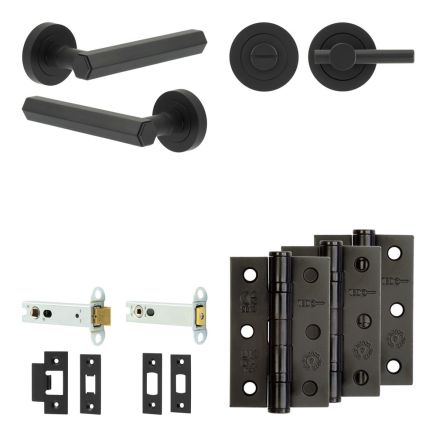 Complete Hex Door Handle Pack - Heavy Duty Tubular Bathroom (Plain Thumb Turn) - Matt Black - 102mm / 3-inch Hinges - JE-C32B2-MB