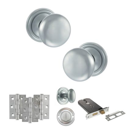Old English Harrogate Door Knob Pack (Lock Set - Horizontal Bathlock, 3" Fire Rated Hinges x3) - Satin Chrome