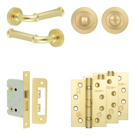 Complete Classic Door Handle Pack - Bathroom Lock (Standard Thumb Turn) - Satin Brass - 76mm / 4-inch Hinges - JE-A6A3-SB