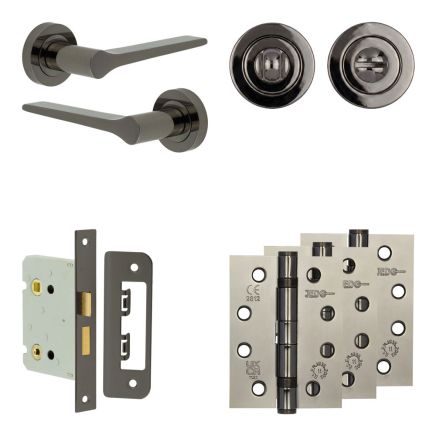 Complete Gio Door Handle Pack - Bathroom Lock (Standard Thumb Turn) - Black Nickel - 76mm / 4-inch Hinges - JE-E6A3-BN