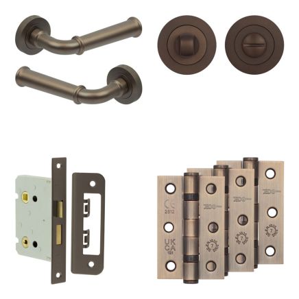 Complete Classic Door Handle Pack - Bathroom Lock (Standard Thumb Turn) - Dark Bronze - 76mm / 3-inch Hinges - JE-A6B3-DB