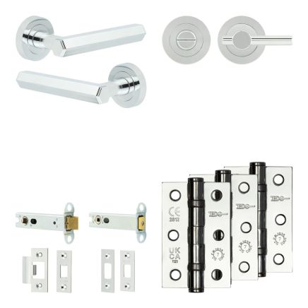 Complete Hex Door Handle Pack - Heavy Duty Tubular Bathroom (Plain Thumb Turn) - Polished Chrome - 102mm / 3-inch Hinges - JE-C32B2-PC