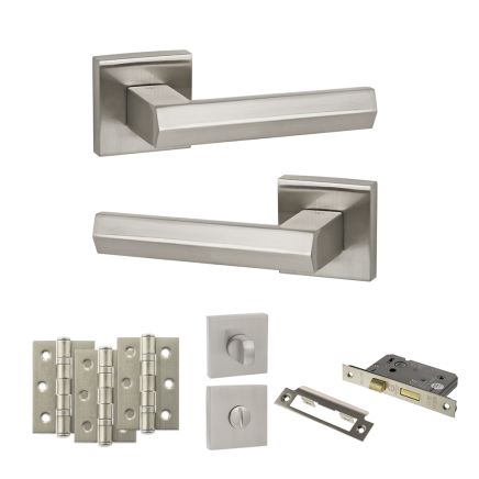 Senza Pari Davoli Door Handle Pack (Bathroom Set - 2.5" CE Bathroom Lock, 3" Fire Rated Hinges x3) - Satin Nickel