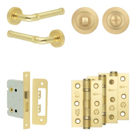 Complete Midtown Door Handle Pack - Bathroom Lock (Standard Thumb Turn) - Satin Brass - 76mm / 3-inch Hinges - JE-G6B3-SB