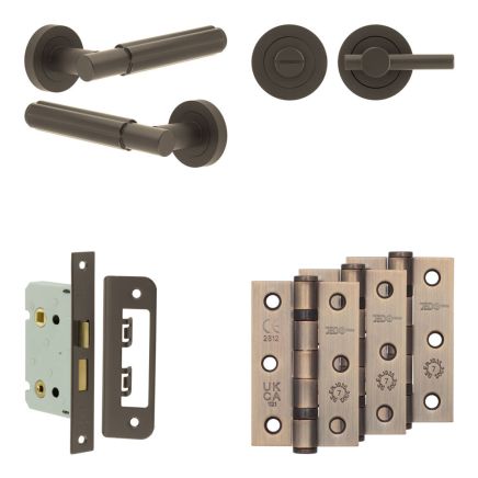 Complete Bloom Door Handle Pack - Bathroom Lock (Plain Thumb Turn) - Dark Bronze - 65mm / 3-inch Hinges - JE-B5B2-DB