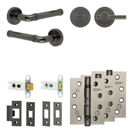 Complete Midtown Door Handle Pack - Heavy Duty Tubular Bathroom (Plain Thumb Turn) - Black Nickel - 64mm / 4-inch Hinges - JE-G30A2-BN