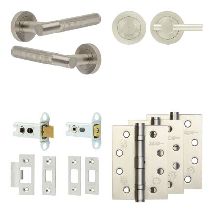 Complete Bari Door Handle Pack - Heavy Duty Tubular Bathroom (Plain Thumb Turn) - Satin Nickel - 64mm / 4-inch Hinges - JE-D30A2-SN