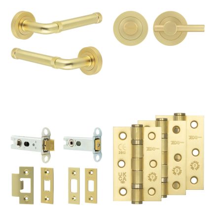 Complete Midtown Door Handle Pack - Heavy Duty Tubular Bathroom (Plain Thumb Turn) - Satin Brass - 76mm / 3-inch Hinges - JE-G31B2-SB