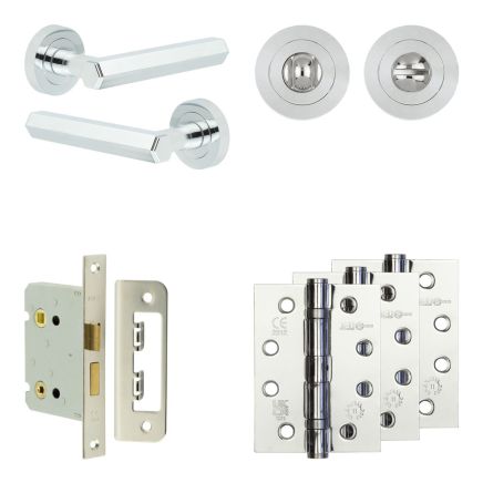 Complete Hex Door Handle Pack - Bathroom Lock (Standard Thumb Turn) - Polished Chrome - 76mm / 4-inch Hinges - JE-C6A3-PC
