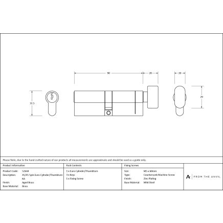 Aged Brass 45/45 5pin Euro Cylinder/Thumbturn KA
