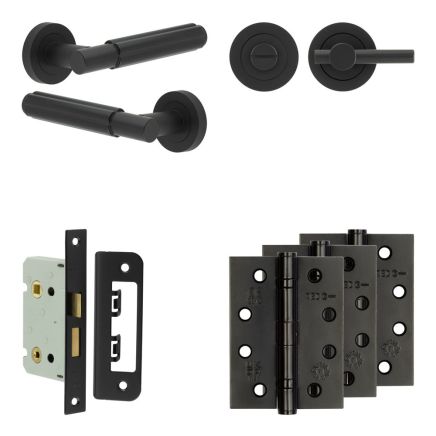 Complete Bloom Door Handle Pack - Bathroom Lock (Plain Thumb Turn) - Matt Black - 65mm / 4-inch Hinges - JE-B5A2-MB